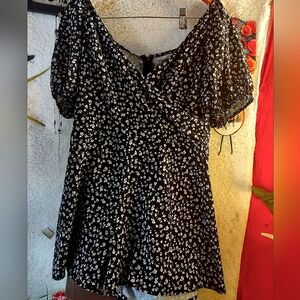 Floral Black and White Womens Romper